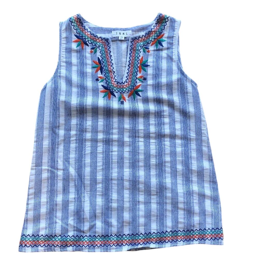 NEW THML Boutique Blue and White Stripe Embroidered Tank XS